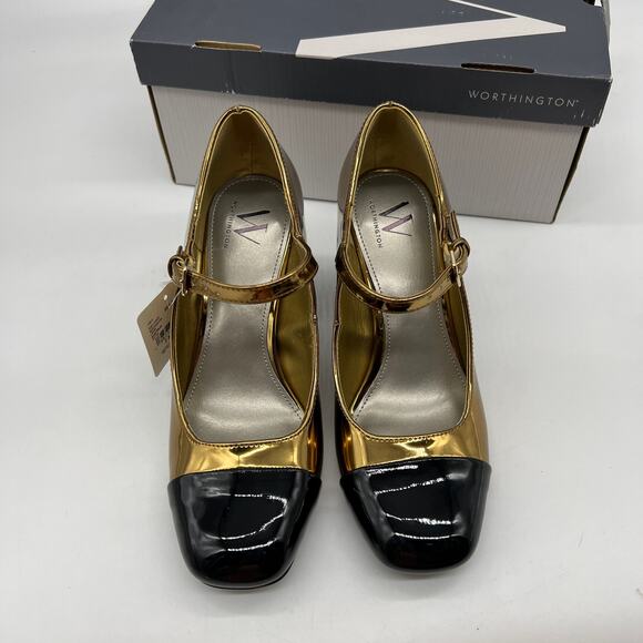 Worthington Larcie Womens Cap Closed Toe Gold Block Heel Pumps Size 7M - Picture 2 of 15